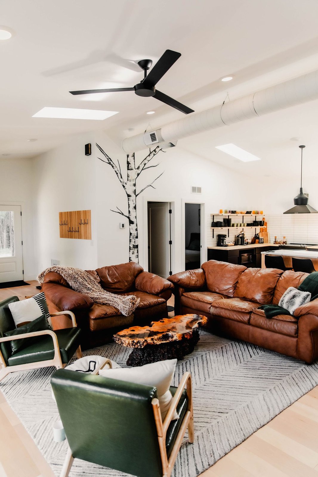 Open living room with leather sofas